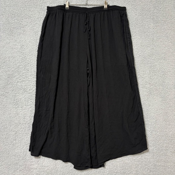 LM Beach Pants - Wide Leg Black Lounge Pants 3X Elastic Waist Drawstring Crochet Side Detail